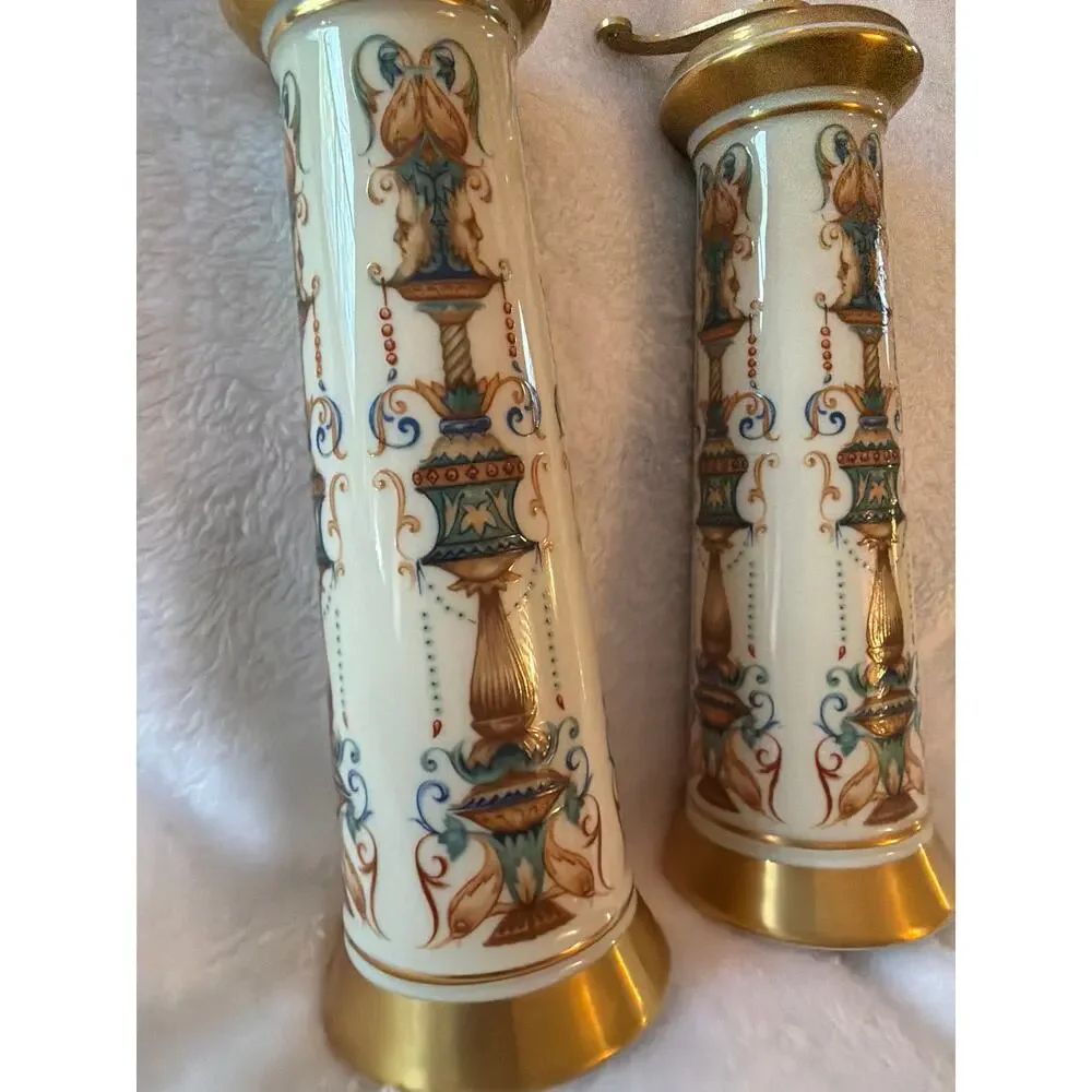Lenox Spice Village Porcelain Salt & Pepper Mill Grinder Set USA Ceramic Brass